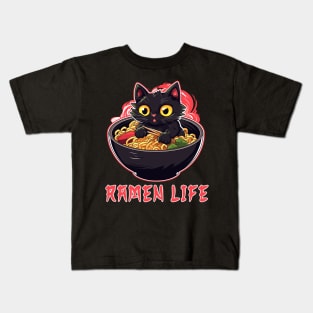 Black Cat Eating Ramen Noodles Japanese Food Kids T-Shirt